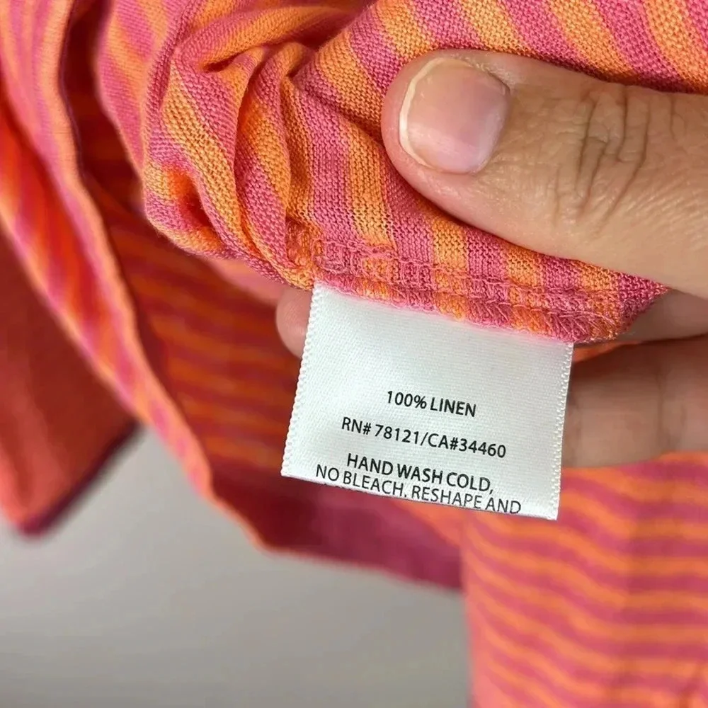 Eileen Fisher 100% Linen Jersey Stripe Tee orange pink Tunic Top size XL